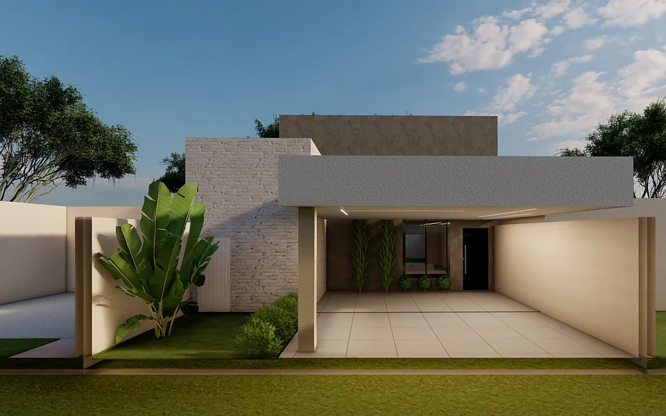 Fachada de casa térrea compacta com garagem coberta