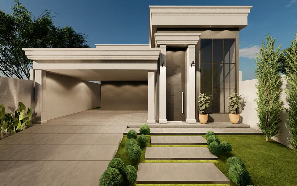 Fachada de casa térrea com colunas e jardim na entrada